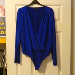 J CREW BRIGHT BLUE FAUX WRAP CROSSOVER  BODYSUIT TOP LARGE